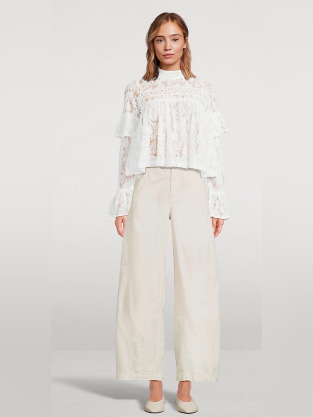 Free People Lilabeth Openwork Lace Blouse Ivory Sheer Ruffle Top XS Brand New